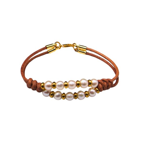 Leather Bracelet with Pearls & Lobster Claw Clasp - Picture 1 of 4